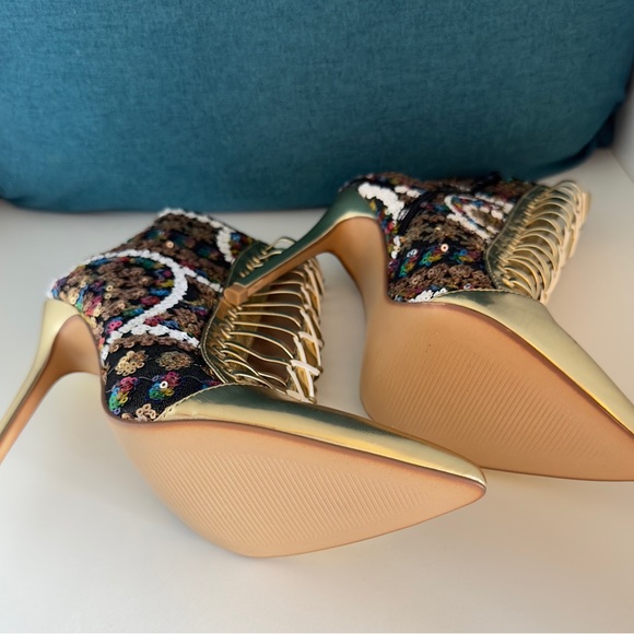 Full On Glam Gold Multicolored Sequined Stiletto Booties - Faux Lace Up - Sz 7 - Picture 14 of 16